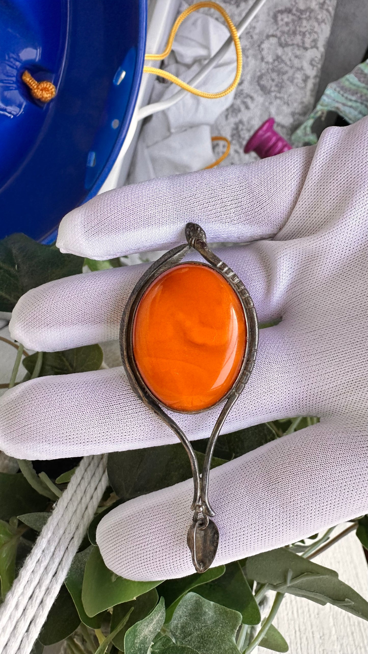 Art Nouveau Amber Flame Pendant – Sterling Silver with Baltic Amber Cabochon