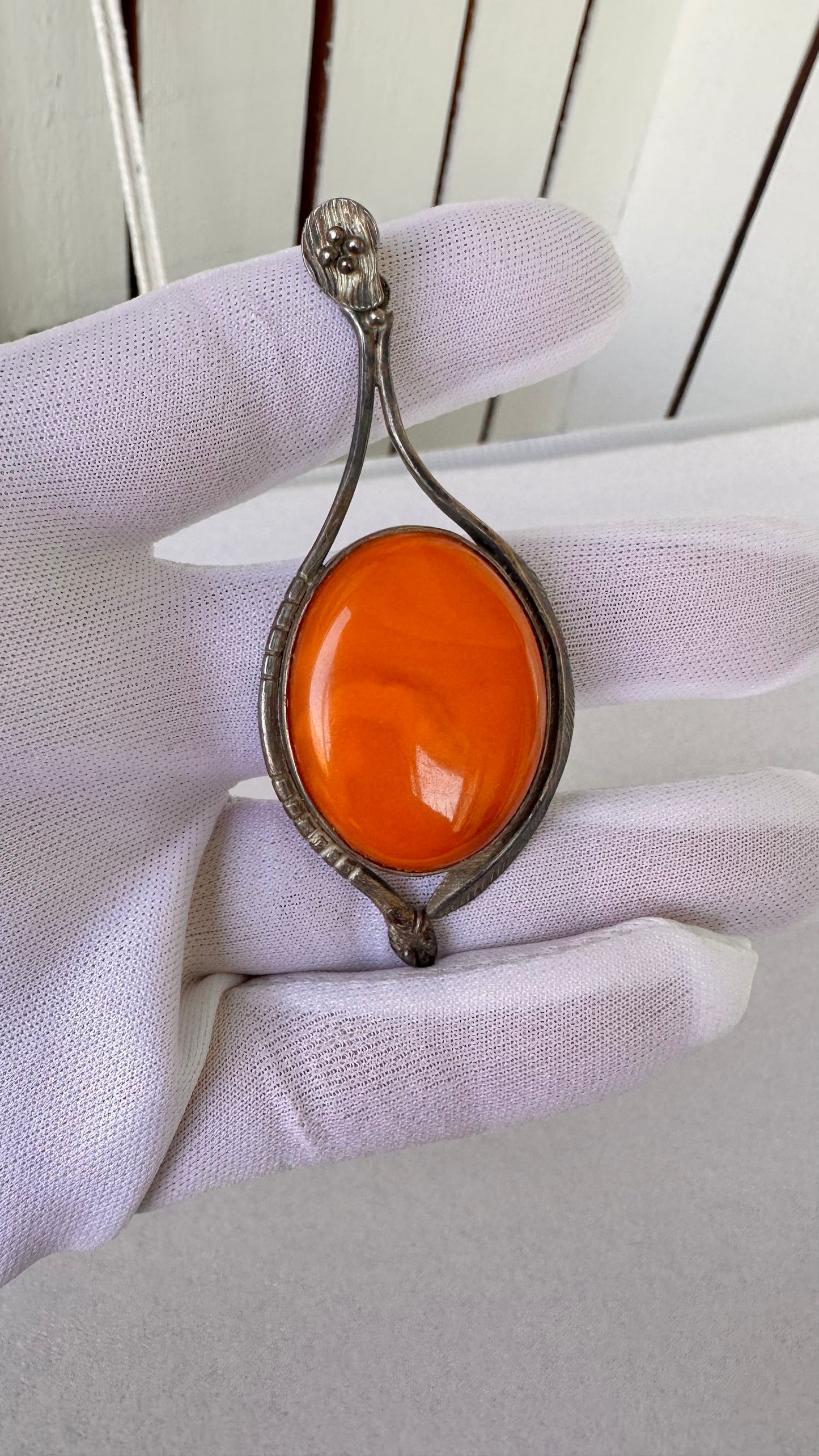 Art Nouveau Amber Flame Pendant – Sterling Silver with Baltic Amber Cabochon