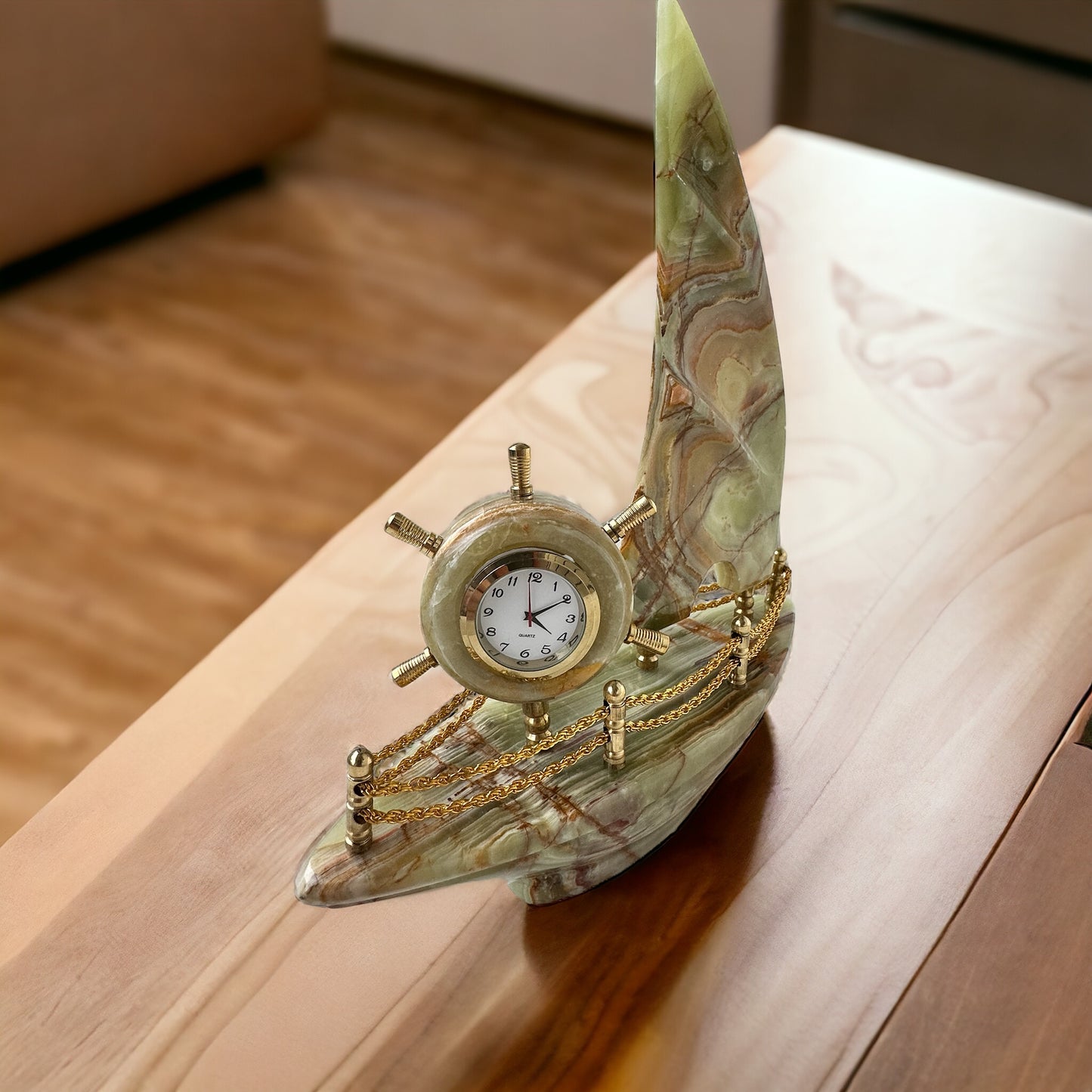 Handcrafted marble boat with a clock