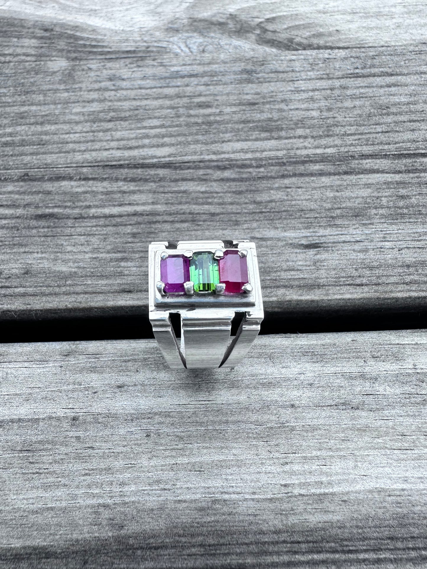 Pure silver ring with natural rubies and a tourmaline