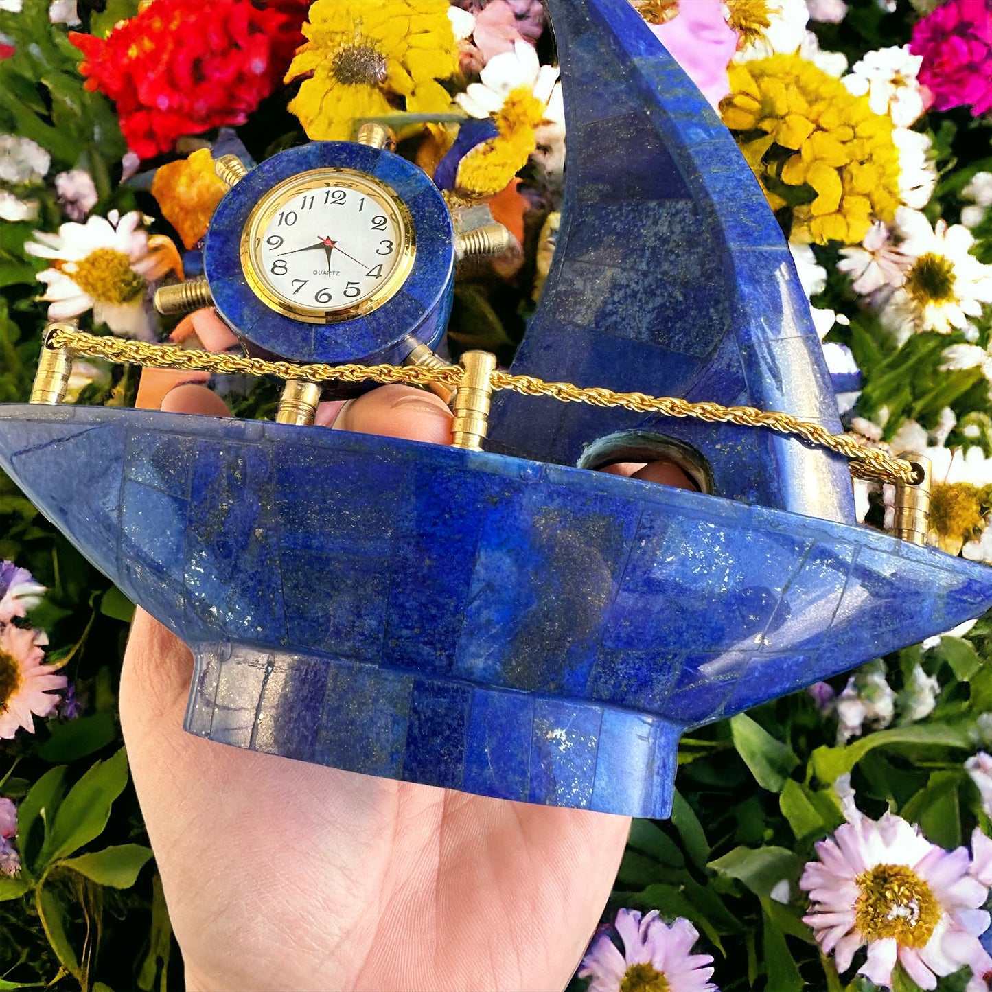 High quality lapis lazuli boat with clock, Decorative from Afghanistan