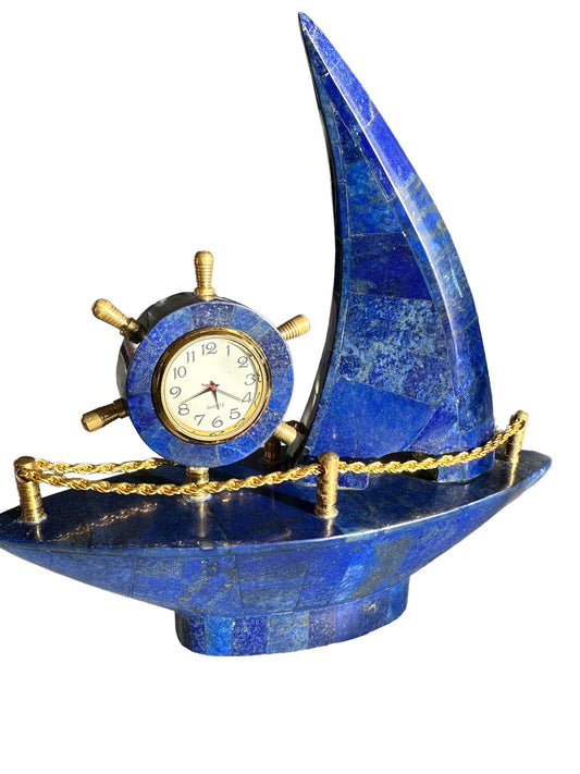 High quality lapis lazuli boat with clock, Decorative from Afghanistan