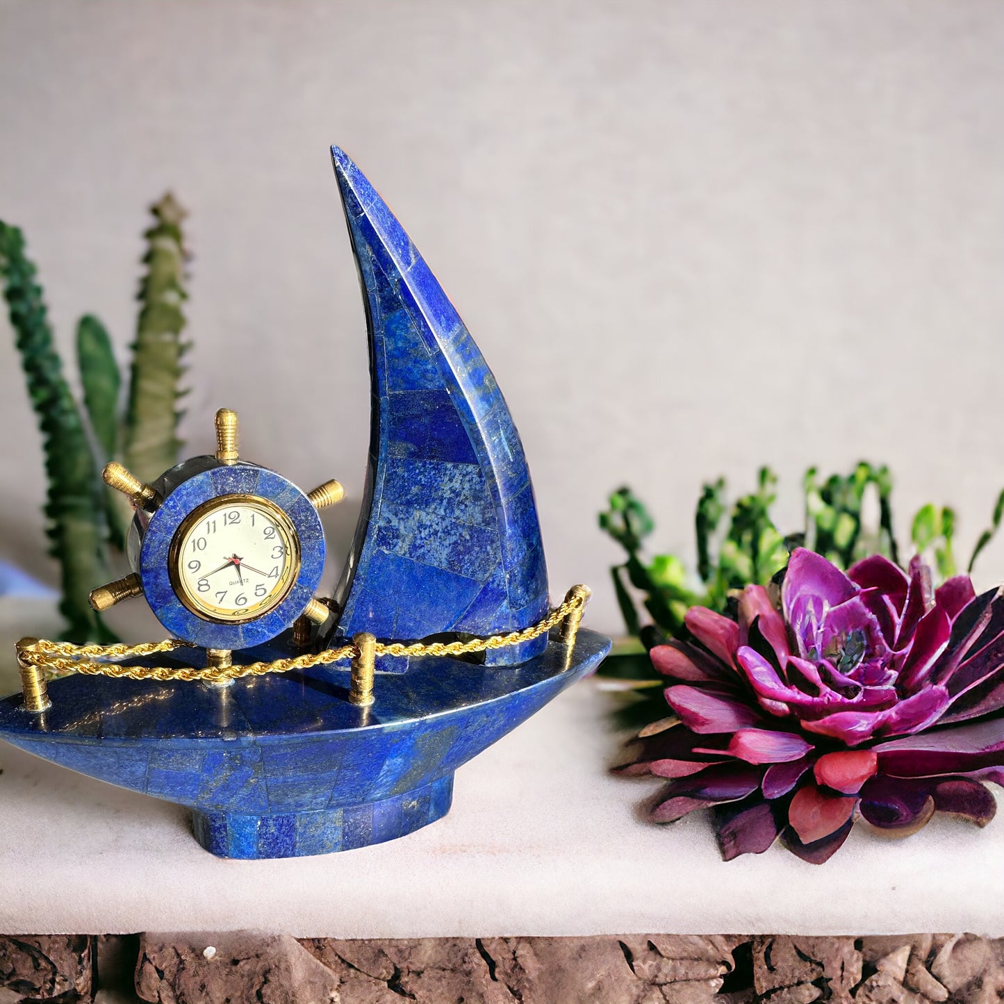 High quality lapis lazuli boat with clock, Decorative from Afghanistan