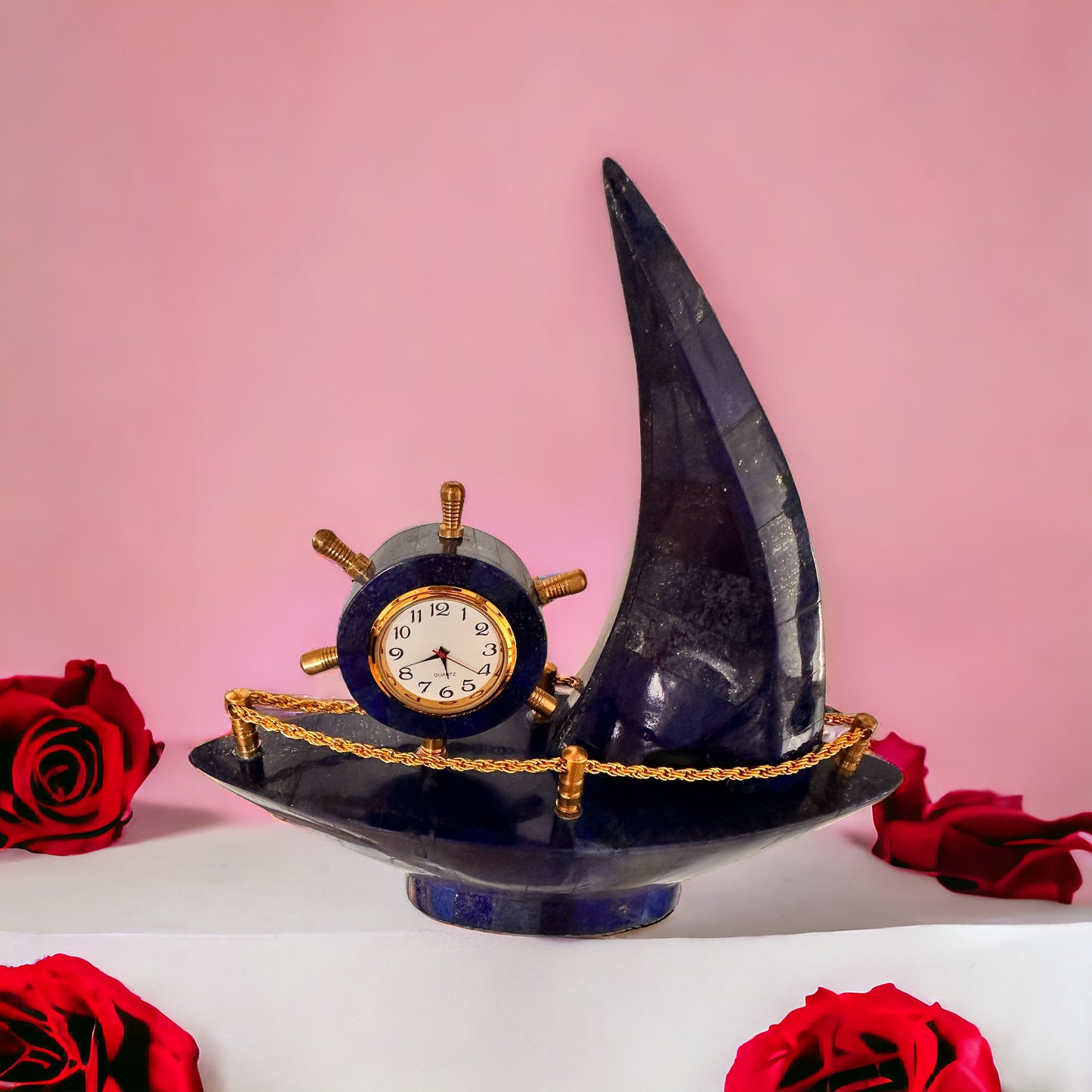 High quality lapis lazuli boat with clock, Decorative from Afghanistan