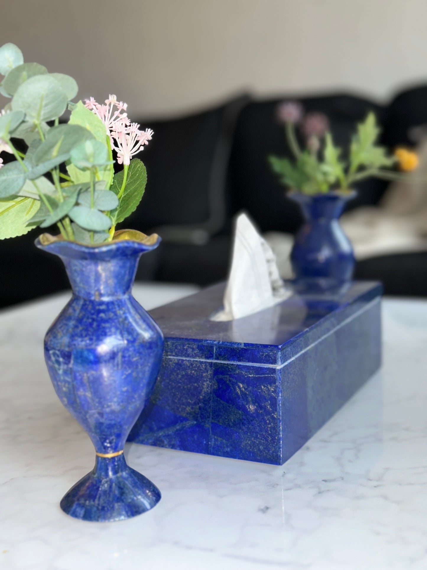 Lapis lazuli tissue box with matching gemstone vases for beautiful home.