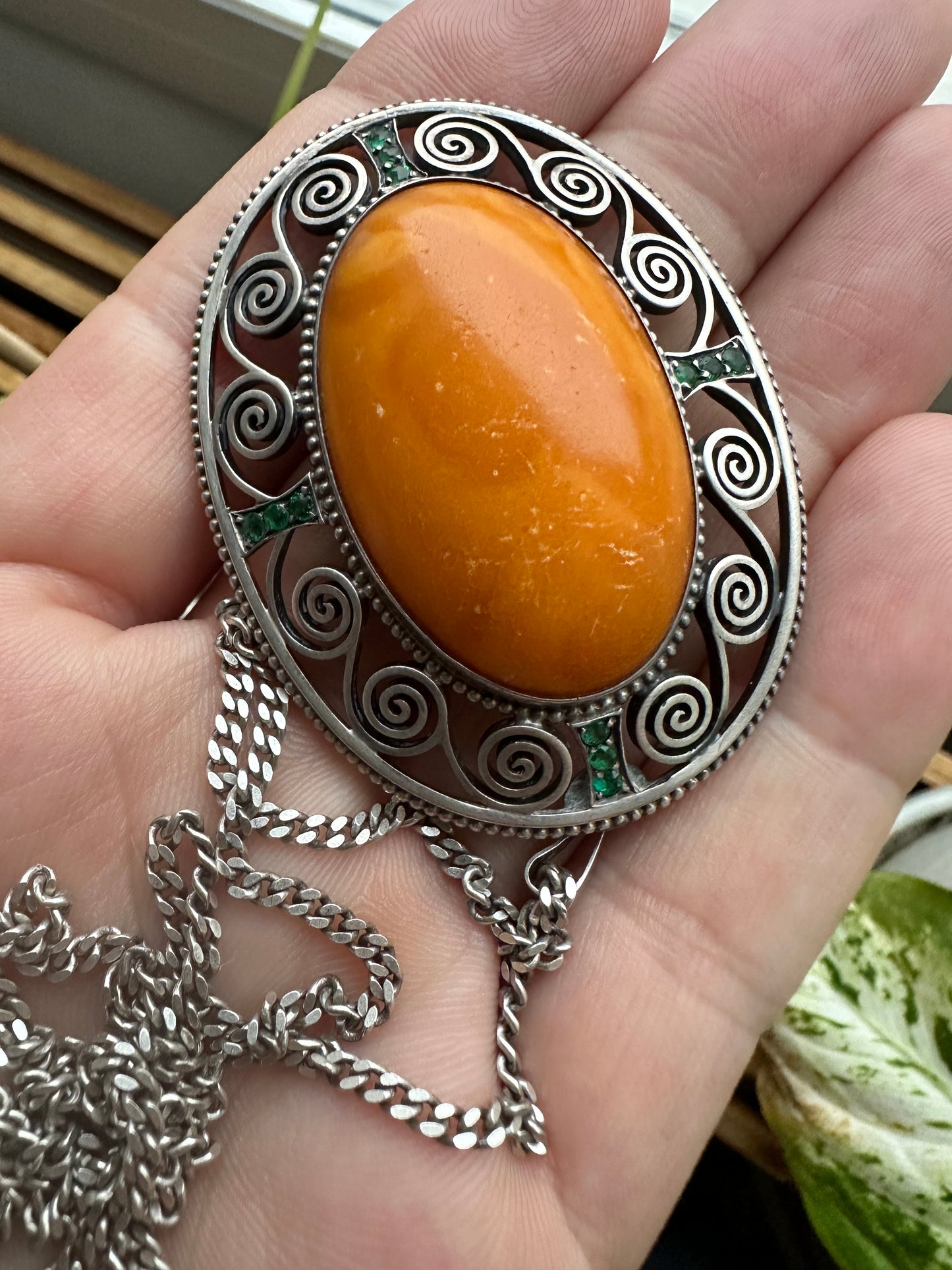 Antique Butterscotch Natural Amber with Garnets 935 Silver