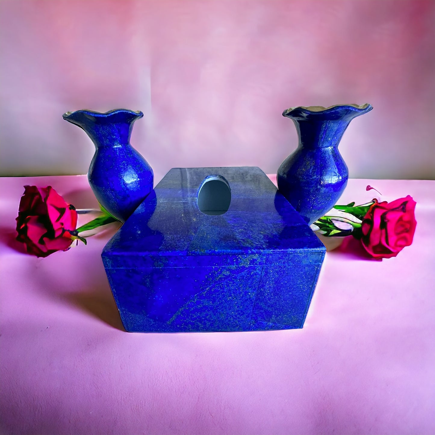 Lapis lazuli tissue box with matching gemstone vases for beautiful home.