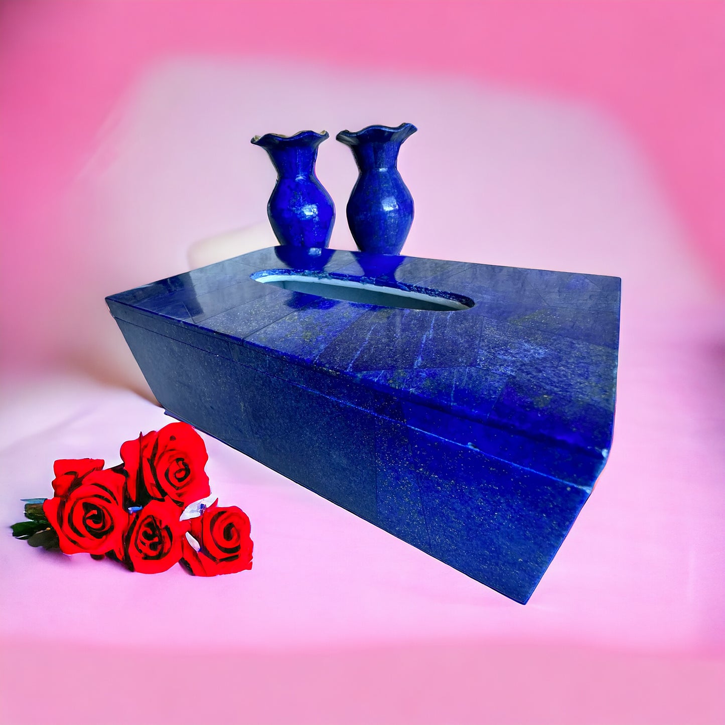 Lapis lazuli tissue box with matching gemstone vases for beautiful home.