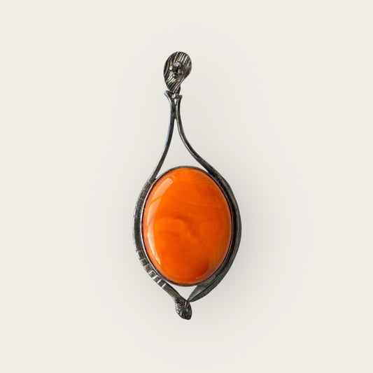 Art Nouveau Amber Flame Pendant – Sterling Silver with Baltic Amber Cabochon