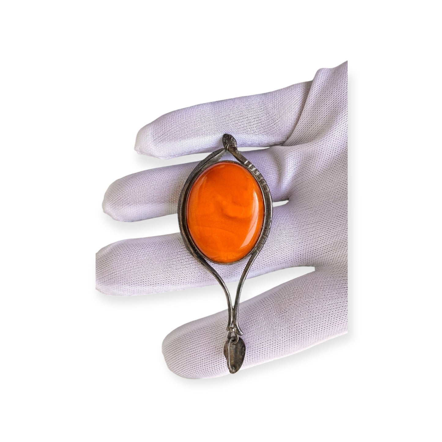 Art Nouveau Amber Flame Pendant – Sterling Silver with Baltic Amber Cabochon
