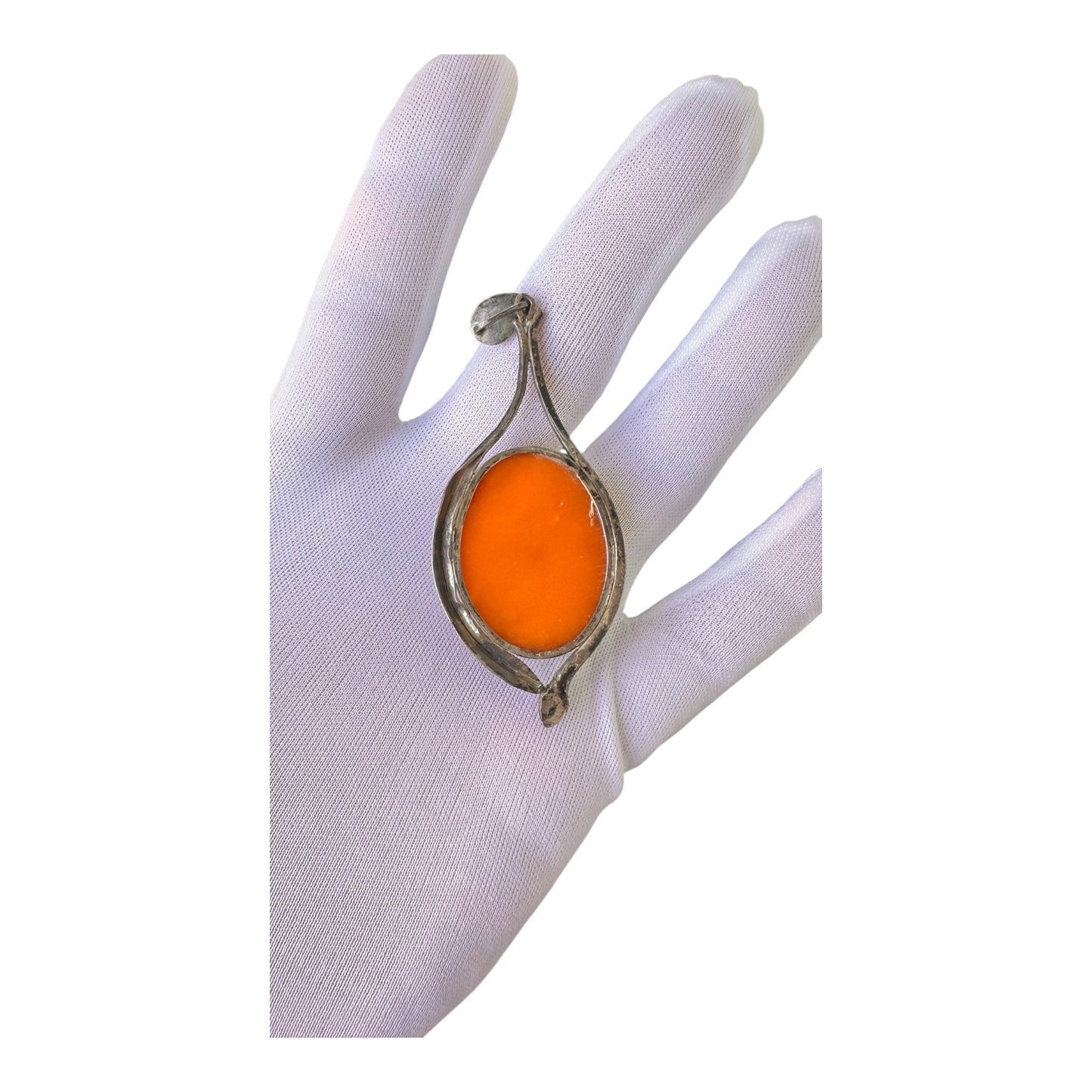 Art Nouveau Amber Flame Pendant – Sterling Silver with Baltic Amber Cabochon